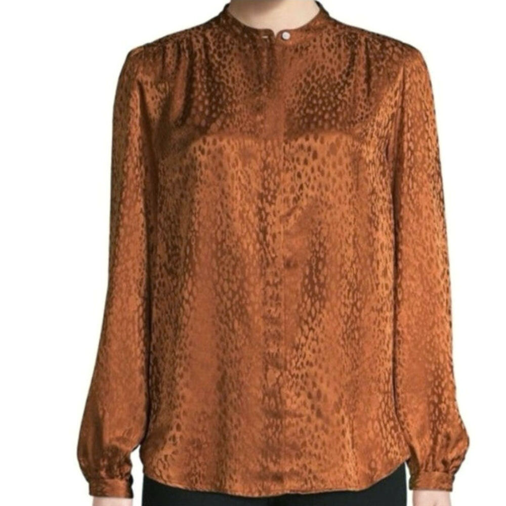ALC Silk Animal Print Blouse Mandarin Collar Long Sleeve Chic Button Down Work 8 - Picture 2 of 16